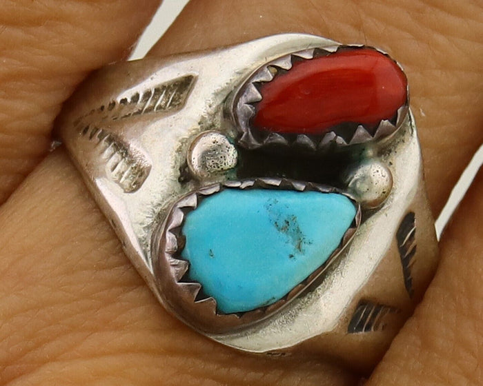 Navajo Handmade Ring 925 Silver Turquoise & Coral Native Artist C.80's