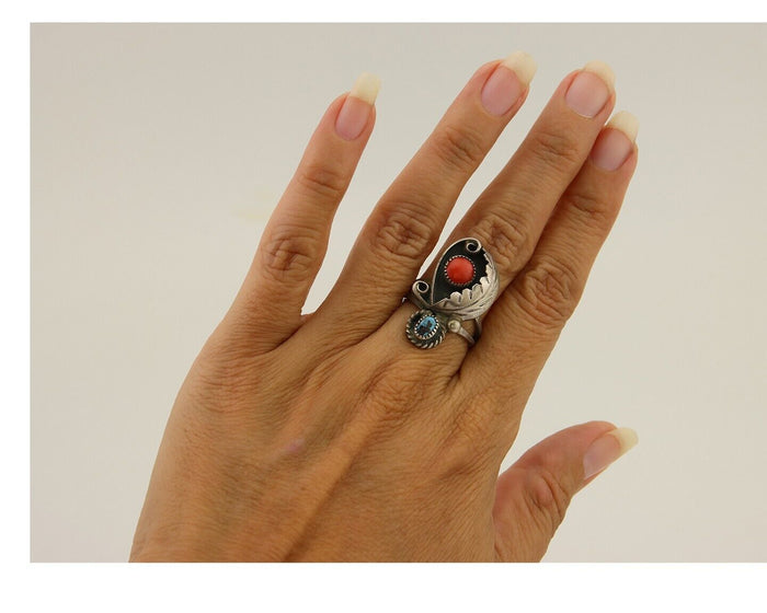 Navajo Handmade Ring 925 Silver Turquoise & Coral Native Artist C.80's