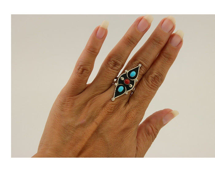 Navajo Handmade Ring 925 Silver Turquoise & Coral Native Artist C.80's
