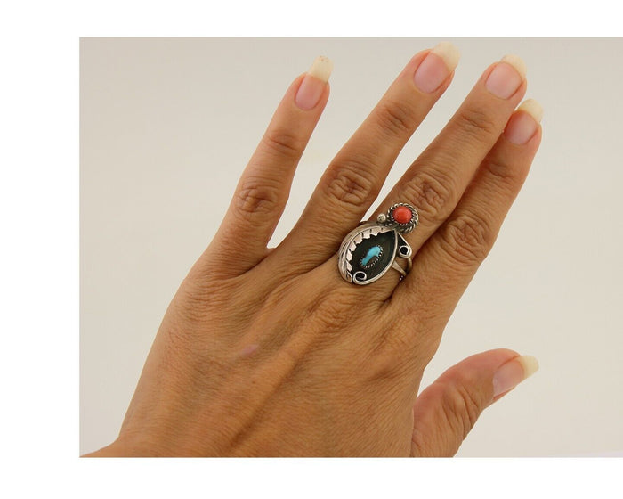 Navajo Handmade Ring 925 Silver Turquoise & Coral Native Artist C.80's