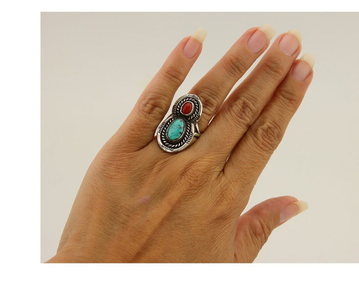 Navajo Handmade Ring 925 Silver Turquoise & Coral Native Artist C.80's