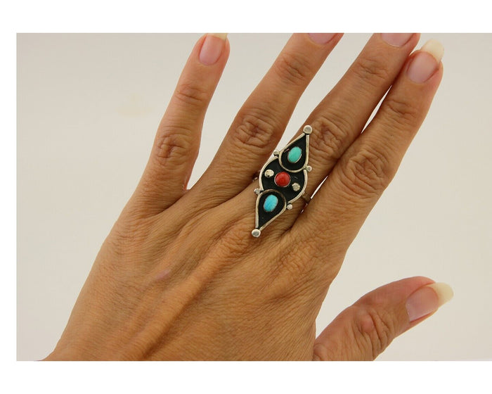 Navajo Handmade Ring 925 Silver Turquoise & Coral Native Artist C.80's