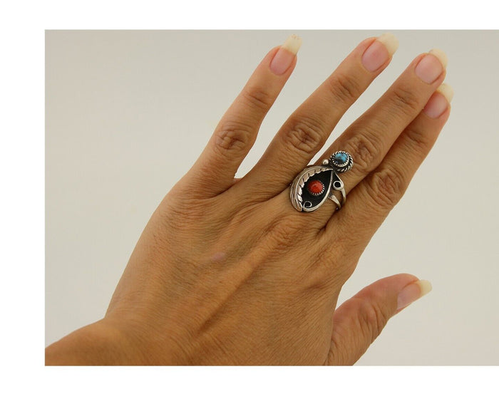 Navajo Handmade Ring 925 Silver Turquoise & Coral Native Artist C.80's