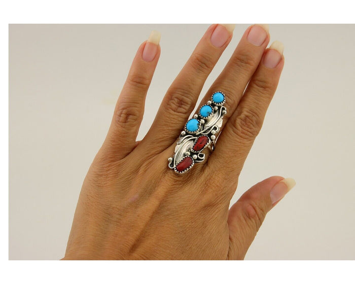 Navajo Handmade Ring 925 Silver Turquoise & Coral Native Artist C.80's