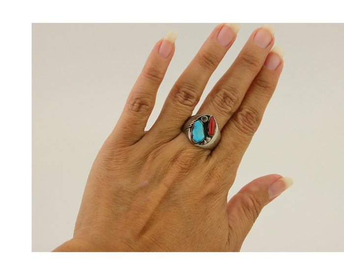 Navajo Handmade Ring 925 Silver Turquoise & Coral Native Artist C.80's