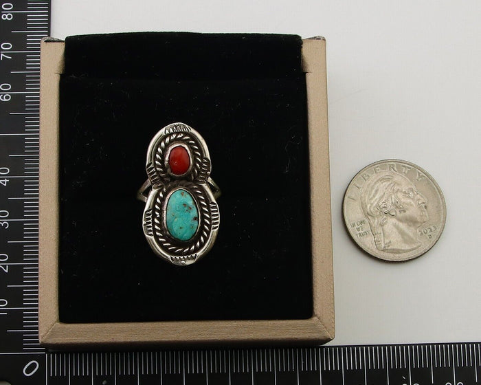 Navajo Handmade Ring 925 Silver Turquoise & Coral Native Artist C.80's