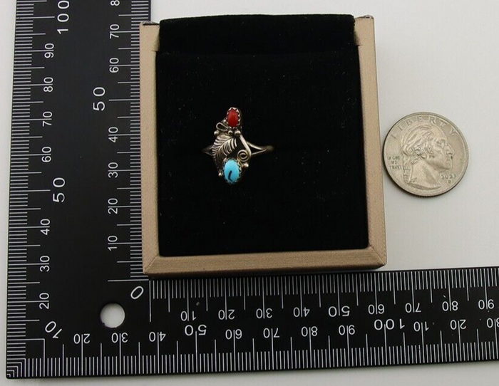 Navajo Handmade Ring 925 Silver Turquoise & Coral Native Artist C.80's