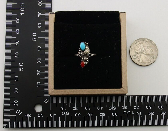 Navajo Handmade Ring 925 Silver Turquoise & Coral Native Artist C.80's