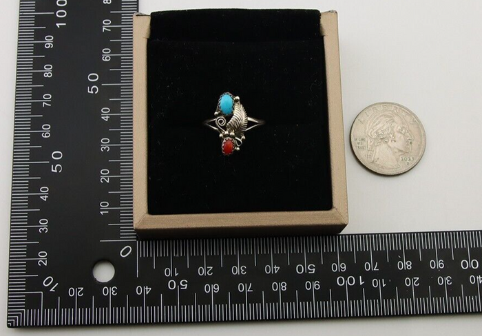 Navajo Handmade Ring 925 Silver Turquoise & Coral Native Artist C.80's