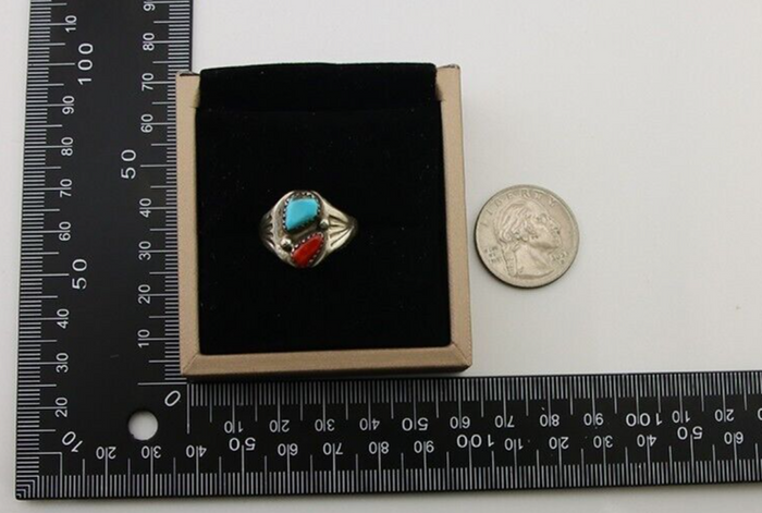 Navajo Handmade Ring 925 Silver Turquoise & Coral Native Artist C.80's