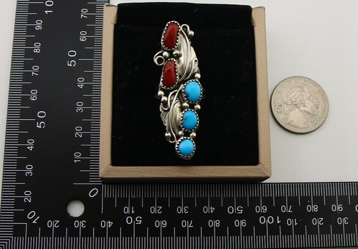Navajo Handmade Ring 925 Silver Turquoise & Coral Native Artist C.80's