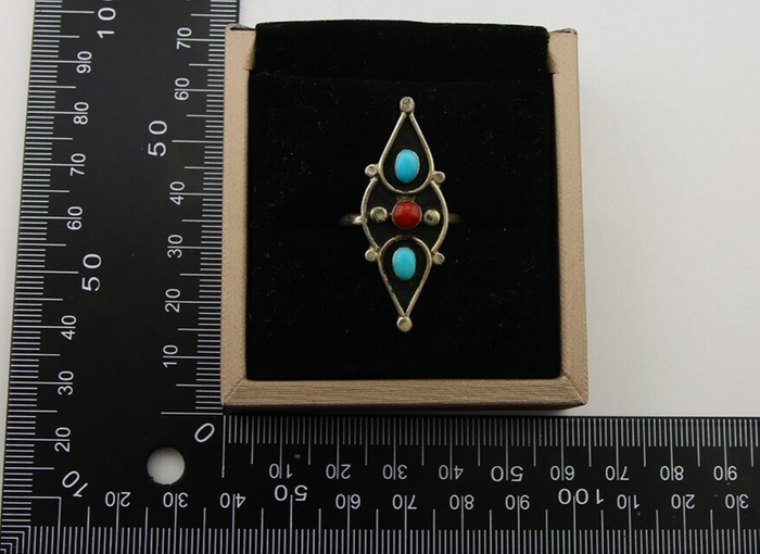 Navajo Handmade Ring 925 Silver Turquoise & Coral Native Artist C.80's