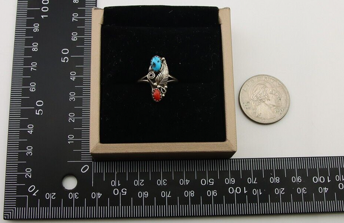 Navajo Handmade Ring 925 Silver Turquoise & Coral Native Artist C.80's