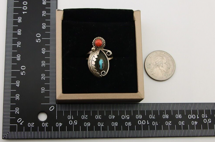 Navajo Handmade Ring 925 Silver Turquoise & Coral Native Artist C.80's