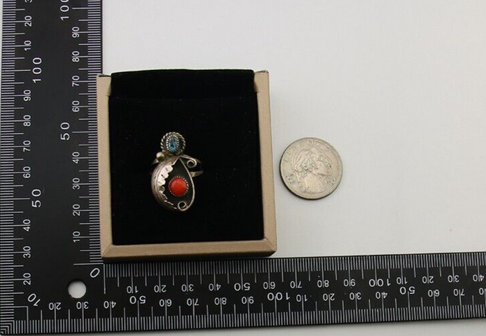 Navajo Handmade Ring 925 Silver Turquoise & Coral Native Artist C.80's