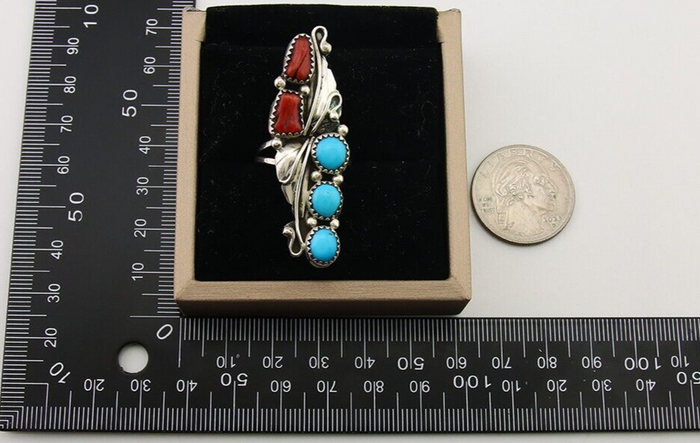 Navajo Handmade Ring 925 Silver Turquoise & Coral Native Artist C.80's