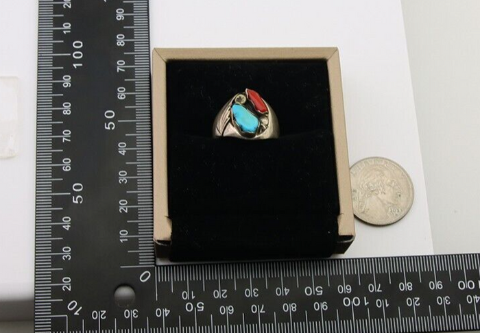 Navajo Handmade Ring 925 Silver Turquoise & Coral Native Artist C.80's