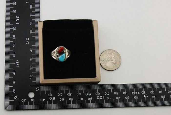 Navajo Handmade Ring 925 Silver Turquoise & Coral Native Artist C.80's