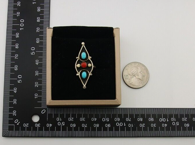 Navajo Handmade Ring 925 Silver Turquoise & Coral Native Artist C.80's
