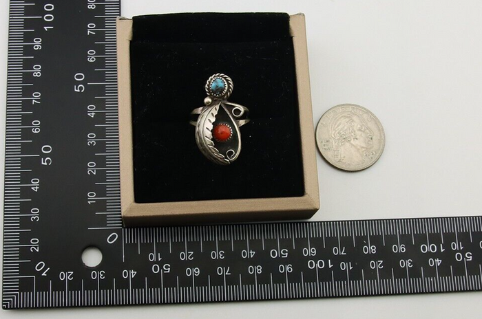 Navajo Handmade Ring 925 Silver Turquoise & Coral Native Artist C.80's