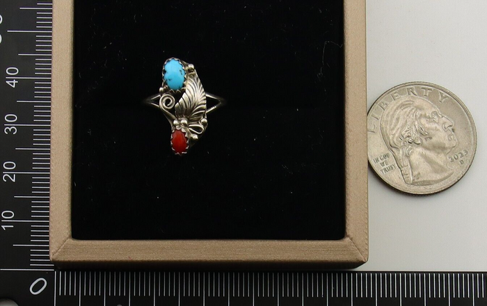 Navajo Handmade Ring 925 Silver Turquoise & Coral Native Artist C.80's
