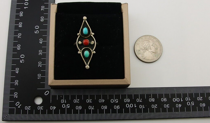 Navajo Handmade Ring 925 Silver Turquoise & Coral Native Artist C.80's