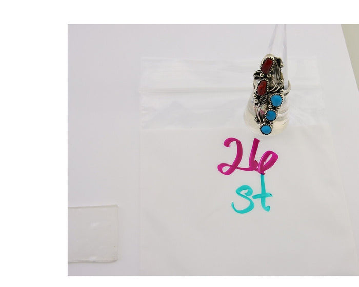 Navajo Handmade Ring 925 Silver Turquoise & Coral Native Artist C.80's