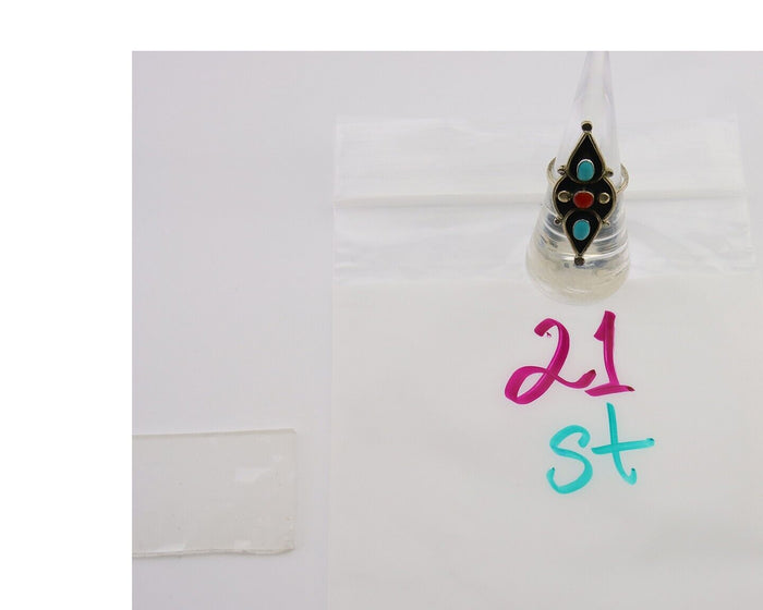 Navajo Handmade Ring 925 Silver Turquoise & Coral Native Artist C.80's