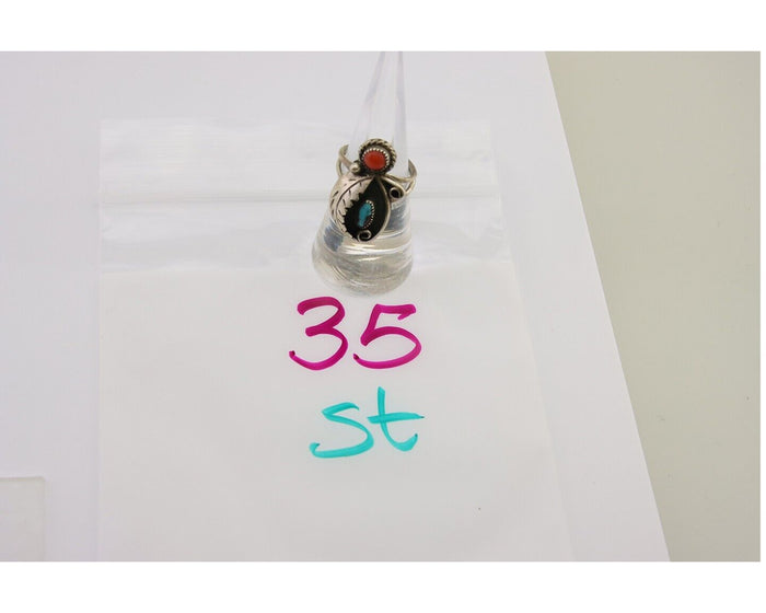Navajo Handmade Ring 925 Silver Turquoise & Coral Native Artist C.80's