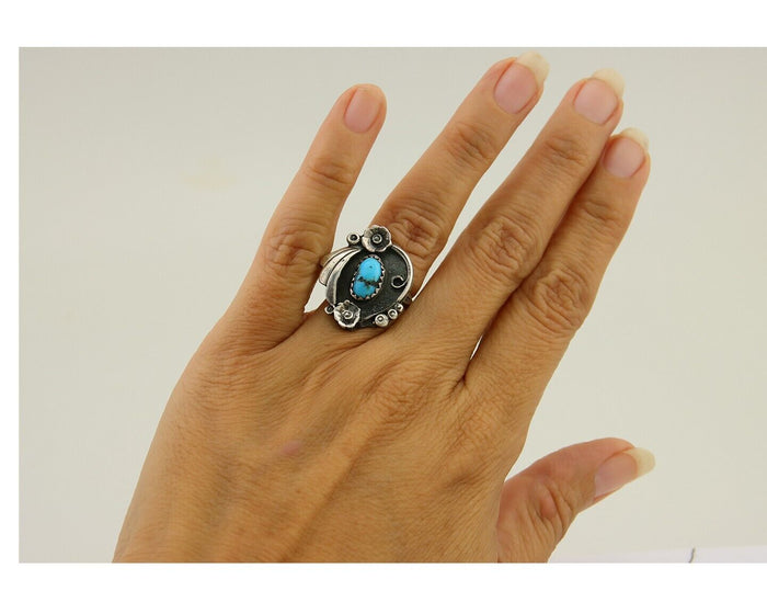 Navajo Handmade Ring 925 Sterling Silver Natural Turquoise Native Artist C.80's