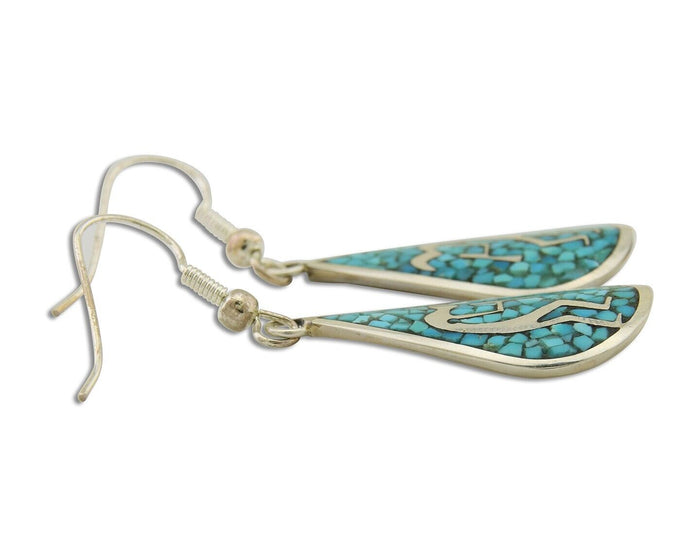 Navajo Kokopelli Earrings 999 Nickel Chip Inlay Turquoise Coral Native American