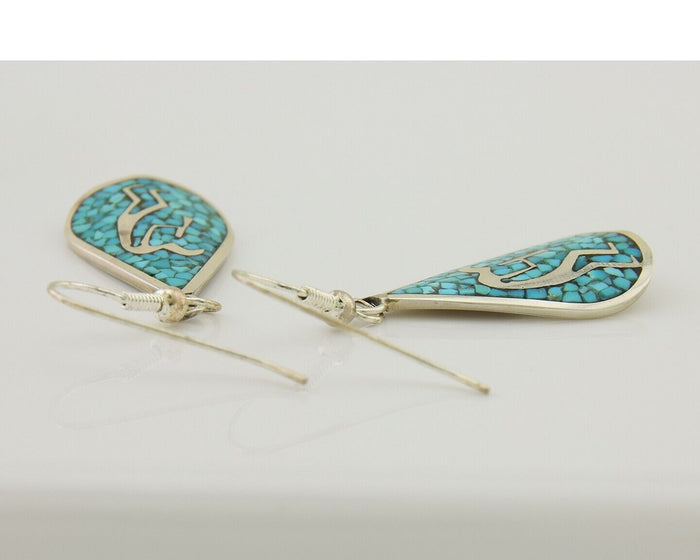 Navajo Kokopelli Earrings 999 Nickel Chip Inlay Turquoise Coral Native American