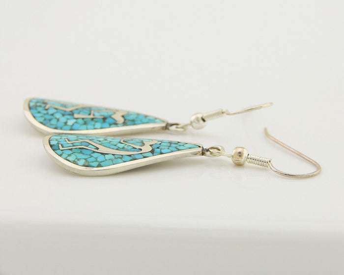 Navajo Kokopelli Earrings 999 Nickel Chip Inlay Turquoise Coral Native American