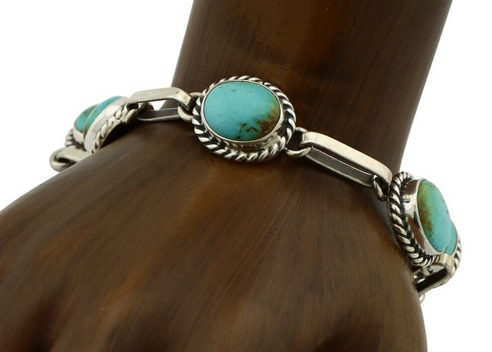Navajo Link Bracelet .925 Silver Blue Turquoise Native American Artist C.80's