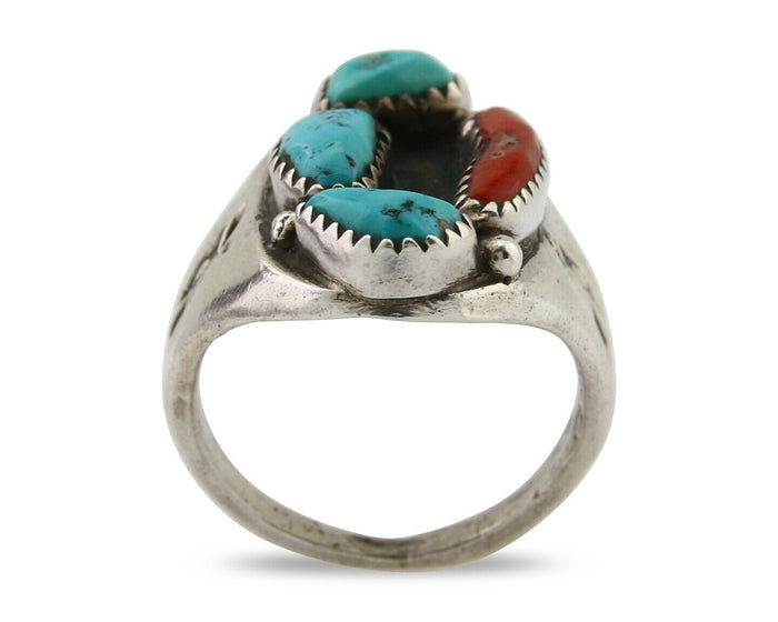 Navajo Men Ring Natural Turquoise & Coral 925 Silver Solid C.80's