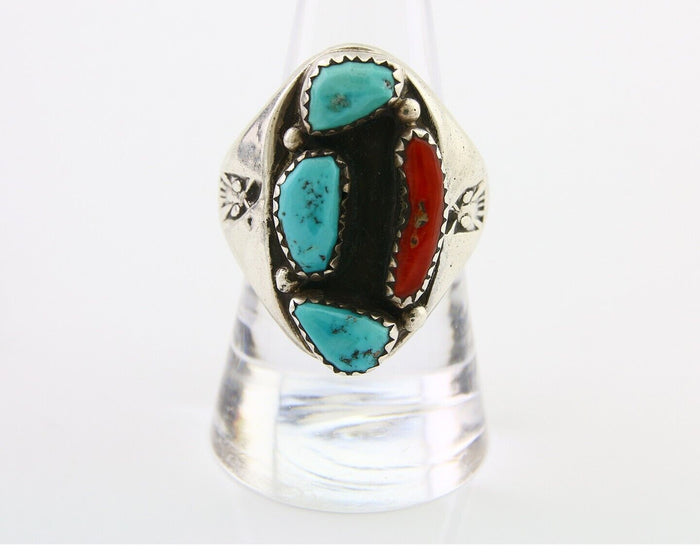 Navajo Men Ring Natural Turquoise & Coral 925 Silver Solid C.80's