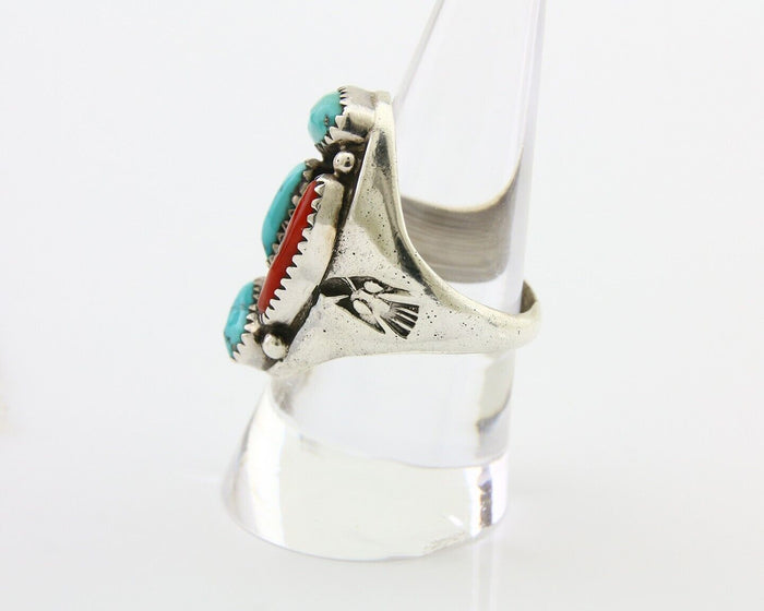 Navajo Men Ring Natural Turquoise & Coral 925 Silver Solid C.80's