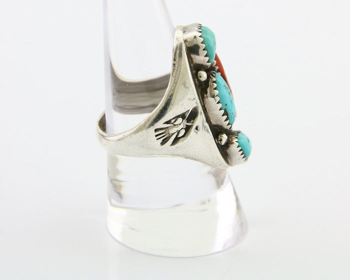 Navajo Men Ring Natural Turquoise & Coral 925 Silver Solid C.80's