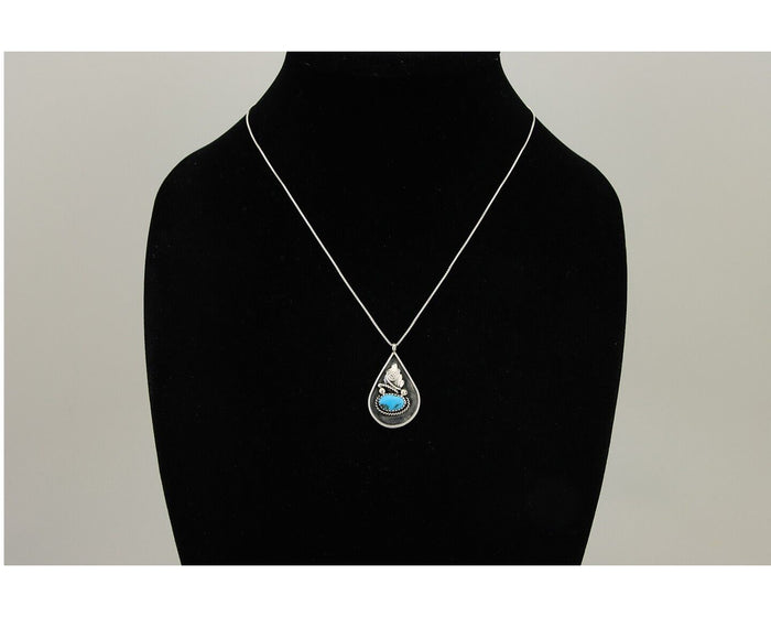 Navajo Necklace 925 Silver Natural Blue Turquoise Artist Signed JASON BAHE C.80s