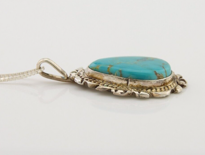 Navajo Necklace 925 Silver Natural Blue Turquoise Artist Signed TALHAT C.80s