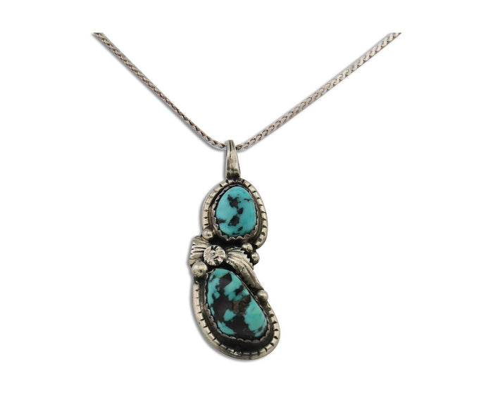 Navajo Necklace 925 Silver Natural Blue Turquoise Artist Signed Tom Willeto C80s
