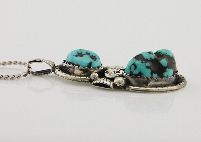Navajo Necklace 925 Silver Natural Blue Turquoise Artist Signed Tom Willeto C80s