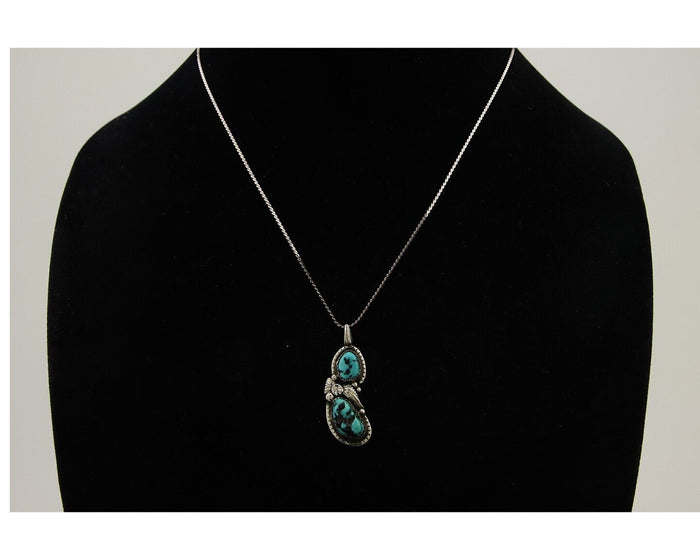 Navajo Necklace 925 Silver Natural Blue Turquoise Artist Signed Tom Willeto C80s