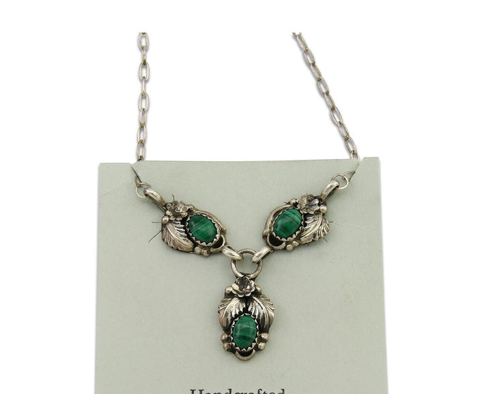Navajo Necklace 925 Silver Natural Malchite Native American Signed SN C.80's