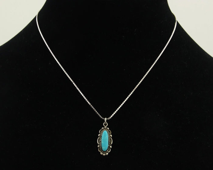 Navajo Necklace 925 Silver Natural Turquoise Artist Signed Square C.80's