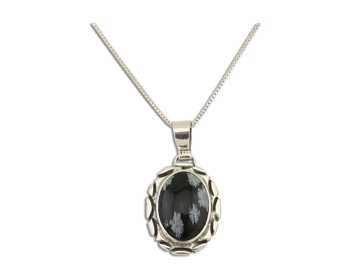 Navajo Necklace 925 Silver Onyx Natural Snowflake Agate Signed Native American