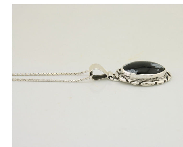 Navajo Necklace 925 Silver Onyx Natural Snowflake Agate Signed Native American