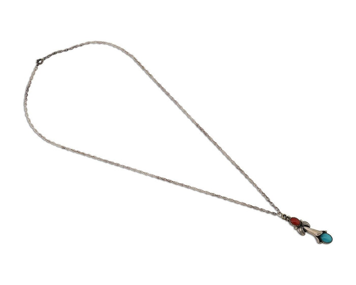 Navajo Necklace 925 Silver Turquoise & Coral Native American Artist C.90's