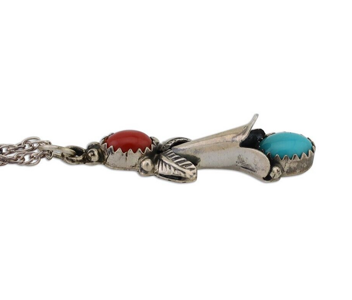 Navajo Necklace 925 Silver Turquoise & Coral Native American Artist C.90's