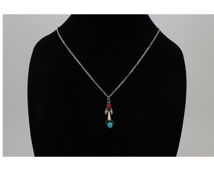 Navajo Necklace 925 Silver Turquoise & Coral Native American Artist C.90's